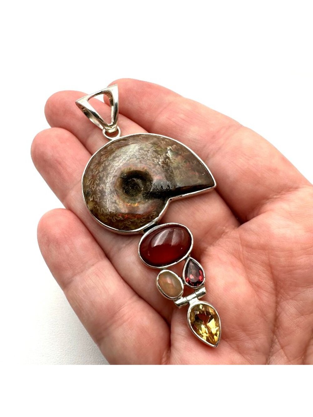 Arya Ammonite Multi Gemstone Sterling Silver Pendant 3 Inch